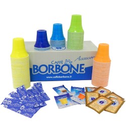 kit Borbone serigrafice 100 paharele  din plastic,pliculete de zahăr ,tije pentru cafea